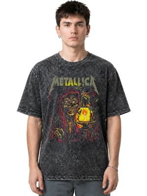 Sevbano Metallica Rock Metal Müzik Grubu Ön Baskılı Unisex Oversize Eskitme Yıkamalı Tişört