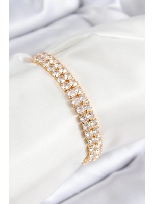 Mey Ithalat® Pirinç Zirkon Taşlı Çift Sıra Kare Model Gold Renk Asansörlü Kadın Bileklik