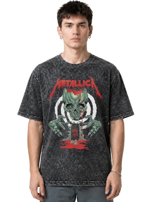 Sevbano Metallica Rock Metal Müzik Grubu Ön Baskılı Unisex Oversize Eskitme Yıkamalı Tişört
