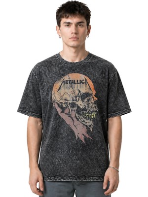 Sevbano Metallica Rock Metal Müzik Grubu Ön Baskılı Unisex Oversize Eskitme Yıkamalı Tişört
