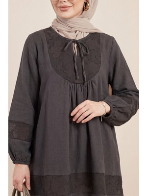 Moda Morfo Yakası Bağlamalı Kolu Lastikli Garnili Modal Tunik  -K. Kahve