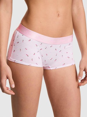 Pink Logolu Pamuklu Boyshort Külot - Pembe Beyaz Lale Baskılı