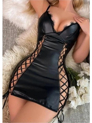 SS Home Concept Siyah Kadın Deri Çapraz Ipli Fantezi Seksi Kostüm Gece Elbisesi