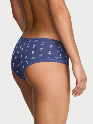 Lace Trim Beli Dantelli Pamuklu Cheeky Külot - Lacivert Baskılı