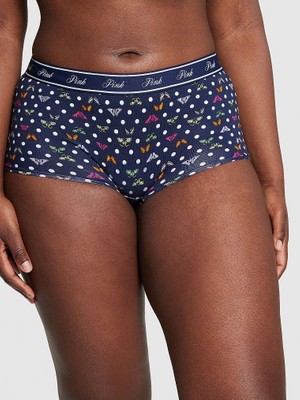 Pink Logolu Pamuklu Boyshort Külot - Lacivert Kelebek Desenli