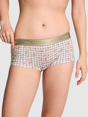 Pink Logolu Pamuklu Boyshort Külot - Kahve Beyaz Çiçekli