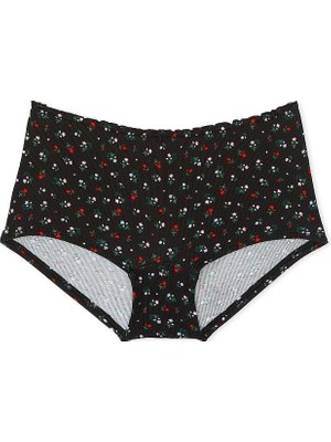 Pink Pamuklu Arkadan Bağlamalı Boyshort Külot - Siyah Çiçek Baskılı