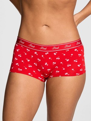 Pink Logolu Pamuklu Boyshort Külot - Kırmızı Kiraz Baskılı