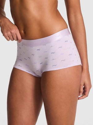 Pink Logolu Pamuklu Boyshort Külot - Pembe Baskılı Mor