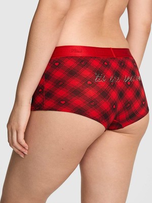 Pink Logolu Pamuklu Boyshort Külot - Siyah Kırmızı Ekoseli