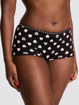 Pink Logolu Pamuklu Boyshort Külot - Siyah Kalp Puantiyeli