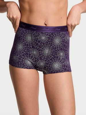 Pink Logolu Pamuklu Yüksek Bel Boyshort Külot - Örümcek Ağı Baskılı