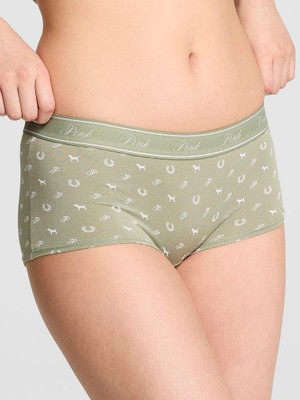 Pink Logolu Pamuklu Boyshort Külot - Baskılı Yağ Yeşili