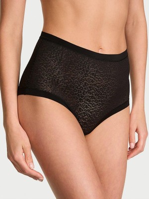 No-Show Lazer Kesim Leopar Dantelli Brief Külot - Siyah