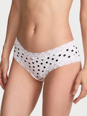Lace Trim Dantelli Cheeky Külot - Siyah Beyaz Puantiyeli