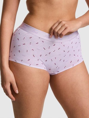 Pink Logolu Pamuklu Boyshort Külot - Mor Kiraz Baskılı