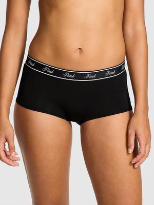Pink Logolu Pamuklu Boyshort Külot - Siyah