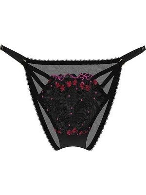 Very Sexy Cherry Pop Işlemeli Askılı Brazilian Külot - Siyah Işlemeli