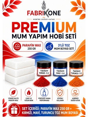 Fabrikone Premium Mum Yapım Hobi Seti - Parafin Wax 250 gr - 3'lü Toz Mum Boyası Seti - Kırmızı, Mavi, Turuncu BKFABPW2503KMT