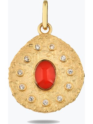 Goldium Jewellery Kırmızı Taşlı Asimetrik Madalyon Kolye Charm