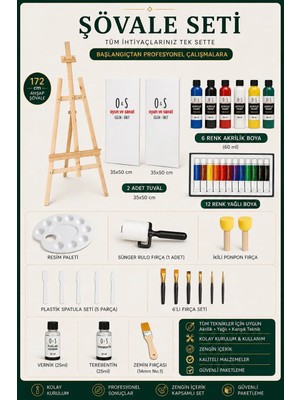 O&S Lüks Resim Başlangıç Seti 3-Şövale (Şövalye), Tuval (Tual Seti), Ressam Akrilik Yağlı Boya Seti