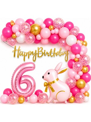 Bkmc Party Pembe Tavşan Doğum Günü Seti 1-9 Yaş – Gold Balon Zinciri Happy Birthday Banner Parti Konsepti