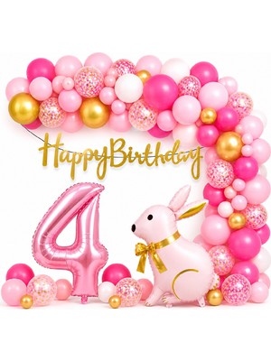 Bkmc Party Pembe Tavşan Doğum Günü Seti 1-9 Yaş – Gold Balon Zinciri Happy Birthday Banner Parti Konsepti