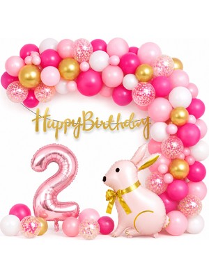 Bkmc Party Pembe Tavşan Doğum Günü Seti 1-9 Yaş – Gold Balon Zinciri Happy Birthday Banner Parti Konsepti