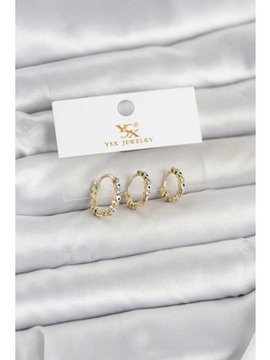Pileli Store  Pirinç Gold Renk Nazarlı Model 3'lü Kadın Küpe TG27BKP11711