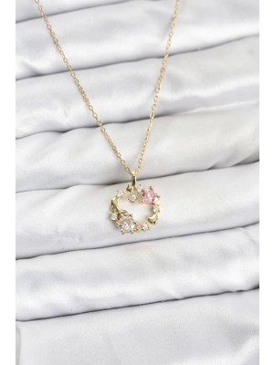 Pileli Store  316L Çelik Zincir Gold Renk Pembe Taş Detaylı Çelenk Model Kadın Kolye TG27BKO10903