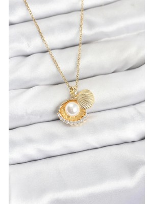 Pileli Store  316L Çelik Zincir Gold Renk Incili Deniz Kabuğu Model Zirkon Taşlı Kadın Kolye TG27BKO10911