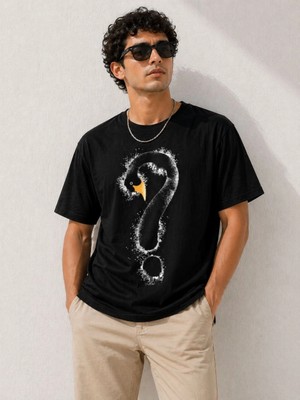 Beta Moda Hub Erkek Kuğu Figürlü Soru Işareti Baskılı Tişört Kısa Kol T-Shirt - Siyah
