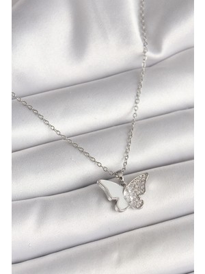 Pileli Store  316L Çelik Gümüş Renk Zincir Zirkon Taşlı Beyaz Mineli Kelebek Model Kadın Kolye TG27BKO9941