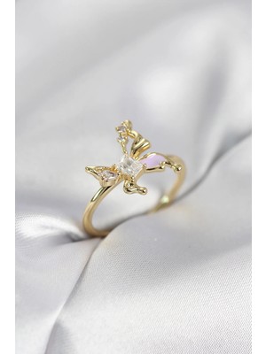 Pileli Store  Gold Renk Kelebek Model Zirkon Taşlı Kadın Yüzük TG27BYK4139