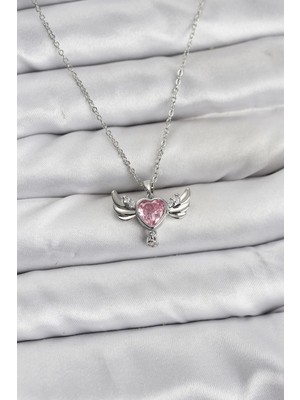 Pileli Store  316L Çelik Zincir Gümüş Renk Kanatlı Kalp Model Zirkon Taşlı Kadın Kolye TG27BKO10836