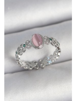 Pileli Store  Pirinç Gümüş Renk Zirkon Taş Detaylı Pembe Mineli Damla Model Ayarlanabilir Kadın Yüzük Tg