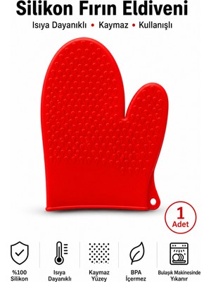 Evolis Kitchen 1 Adet Silikon Isıya Dayanıklı Yanmaz Yapışma Yapmaz Fırın Eldiveni Kırmızı
