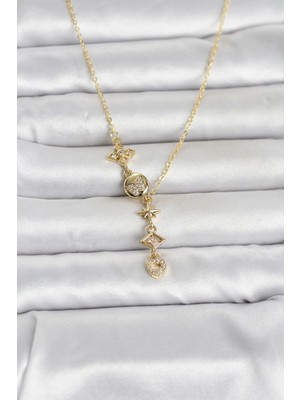 Pileli Store  316L Çelik Gold Renk Zirkon Taşlı Y Kadın Kolye TG27BKO11053