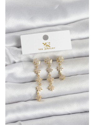 Pileli Store  Pirinç Gold Renk Sıralı Kutup Yıldızı Model 3'lü Kadın Küpe TG27BKP11715