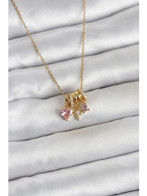 Pileli Store  316L Çelik Gold Pembe Zirkon Taşlı Charmlı Kadın Kolye TG27BKO11011