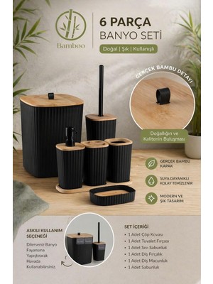 Okyanus Home Yapışkanlı Gerçek Bambu Siyah 6'lı Safir Banyo Seti