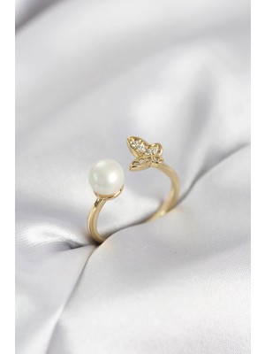 Pileli Store  Kelebek Incili Model Gold Renk Zirkon Taşlı Kadın Yüzük TG27BYK4131