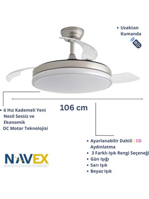 Navex Gizli Kanat Modern Tavan Vantilatörü 107 cm