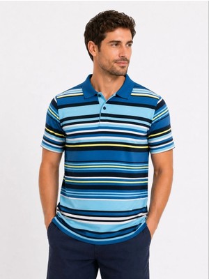 MidasTech Erkek Çizgili Polo Yaka Tişört Kısa Kol Yazlık T-Shirt Regular Fit - Mavi