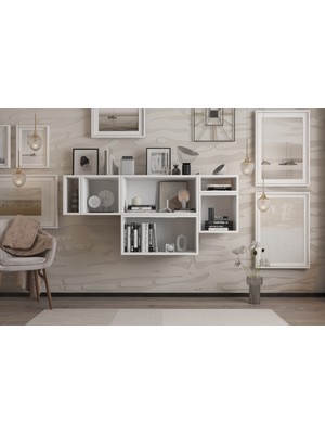 Beyaz Geometrik Duvar Rafı - Çok Amaçlı Kitaplık ve Sergileme Ünitesi NRG-DVR-1040