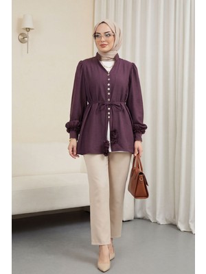 Moda Morfo V Yaka Kolu Çiçekli Düğmeli Bağcıklı Modal Gömlek -Mürdüm