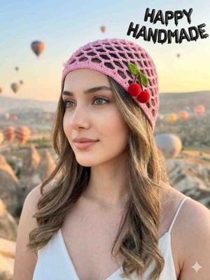 Happy Handmade Pembe Kroşe File Şapka