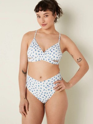 Pink V Çapraz Geçişli Yüksek Bel Bikini Altı - Sabah Gökyüzü Çiçekli