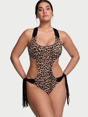 Victoria's Secret Swim Makrome Püsküllü Monokini Tek Parça Mayo - Leopar