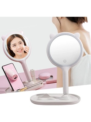 Kaia Life Kedi Kulaklı Telefon Standlı Yuvarlak Dokunmatik LED Ayarlı Masa Üstü Makyaj Aynası